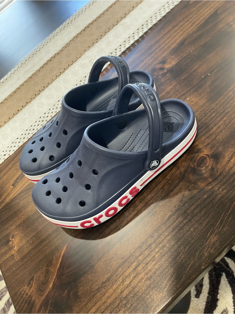 CROCS women’s navy, white, red clogs